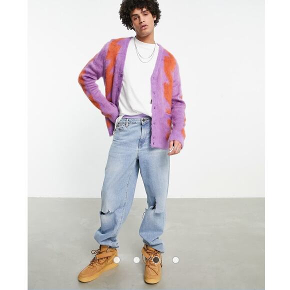 Obey | Men's Dexter Shaggy Knit Cardigan Sweater Purple Orange Grunge Size XL - Picture 4 of 9